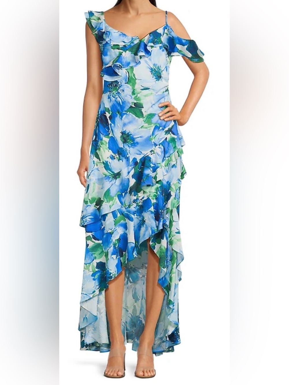 Alex Marie Blue & Green Floral High-Low Ruffle Maxi Dress Skirt NEW